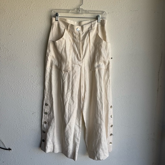 Andres Otalora Cream Linen Wide Leg Button Detail Pants,All Products : American Fashion Style Bags On Sale